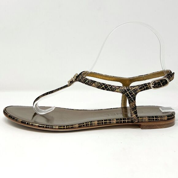 Chanel Black Gold CC Crystal Thong Sandals Size 37C Flat Cruise 2016 - Picture 2 of 10
